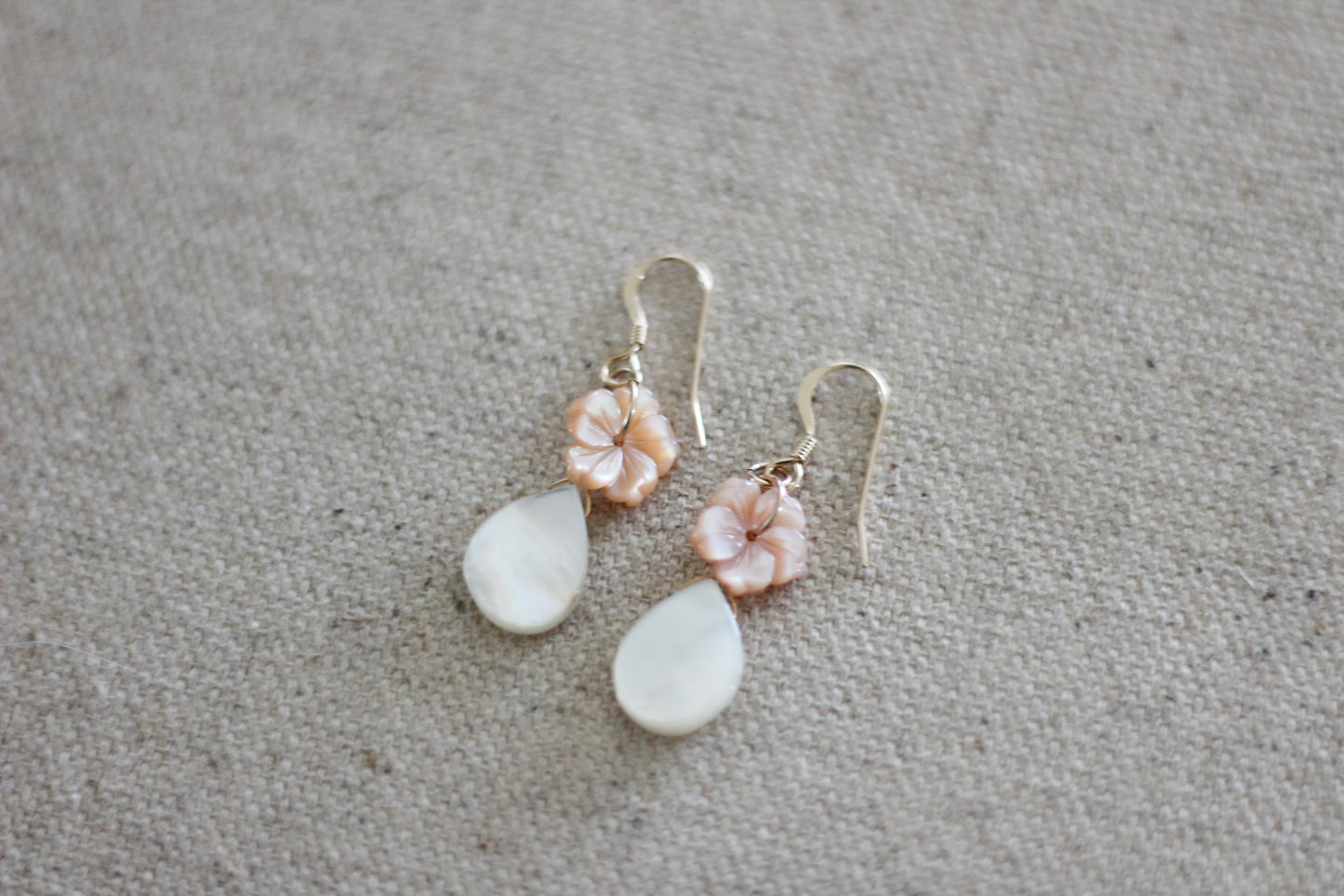Mother of Pearl & Pink Hibiscus Dangle Earrings