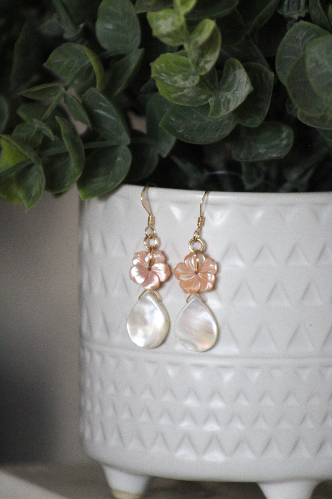 Mother of Pearl & Pink Hibiscus Dangle Earrings