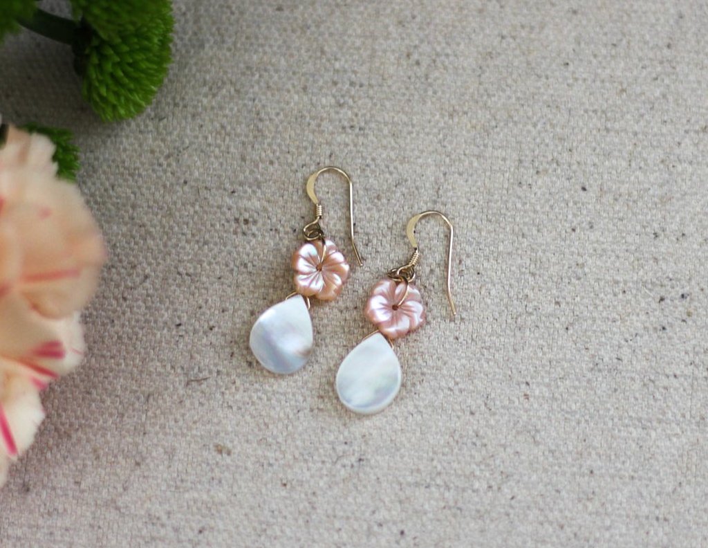 Mother of Pearl & Pink Hibiscus Dangle Earrings