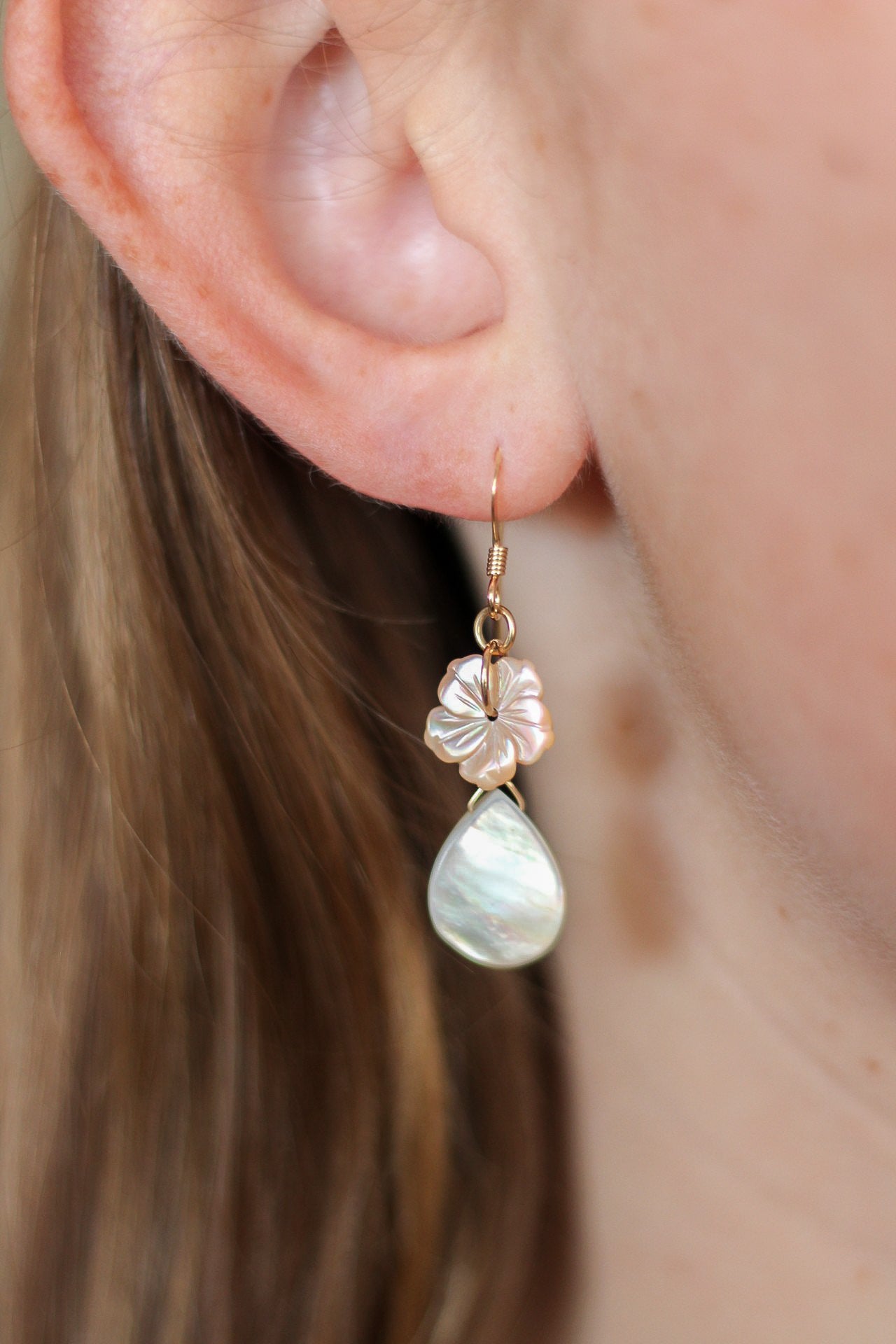 Mother of Pearl & Pink Hibiscus Dangle Earrings