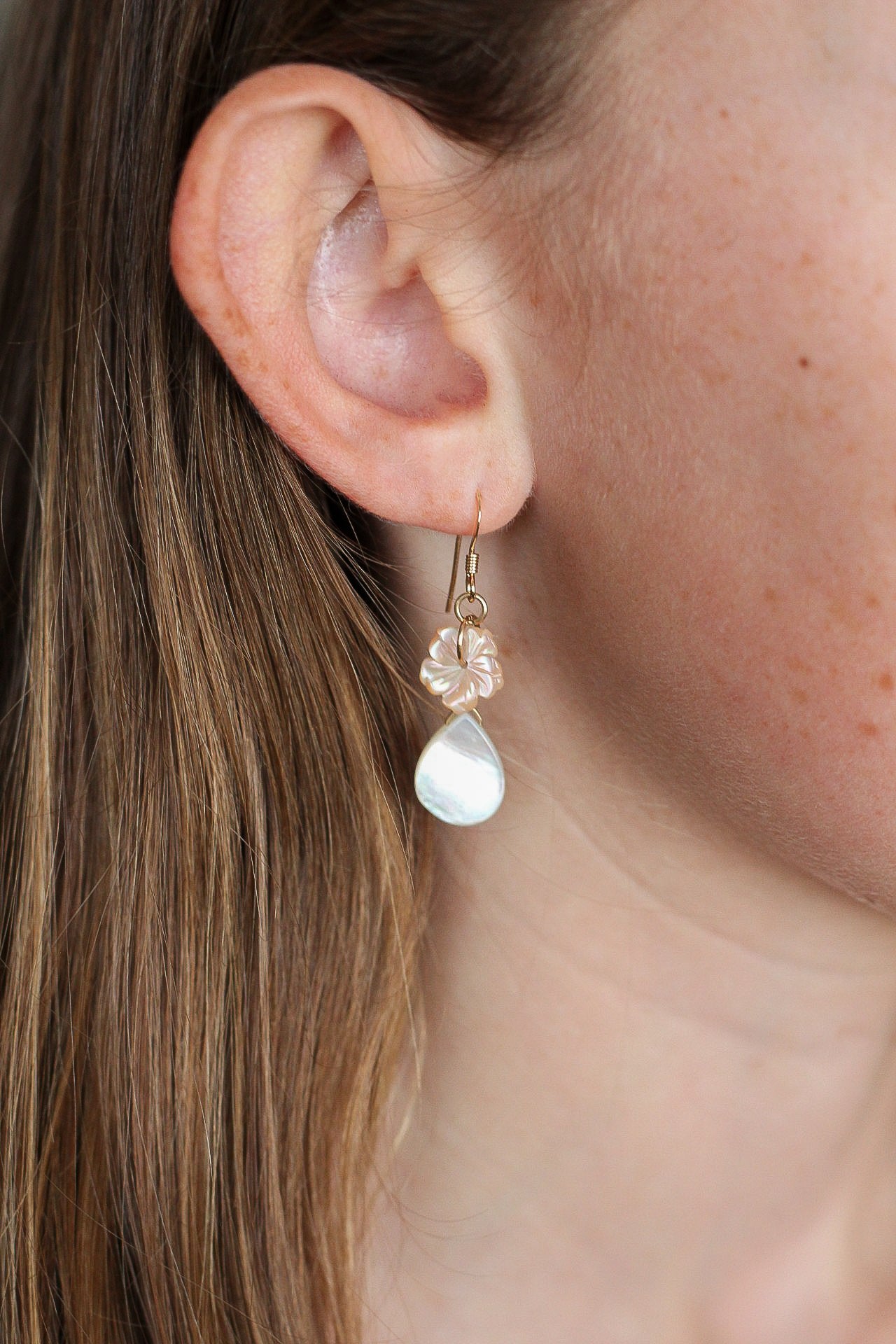 Mother of Pearl & Pink Hibiscus Dangle Earrings