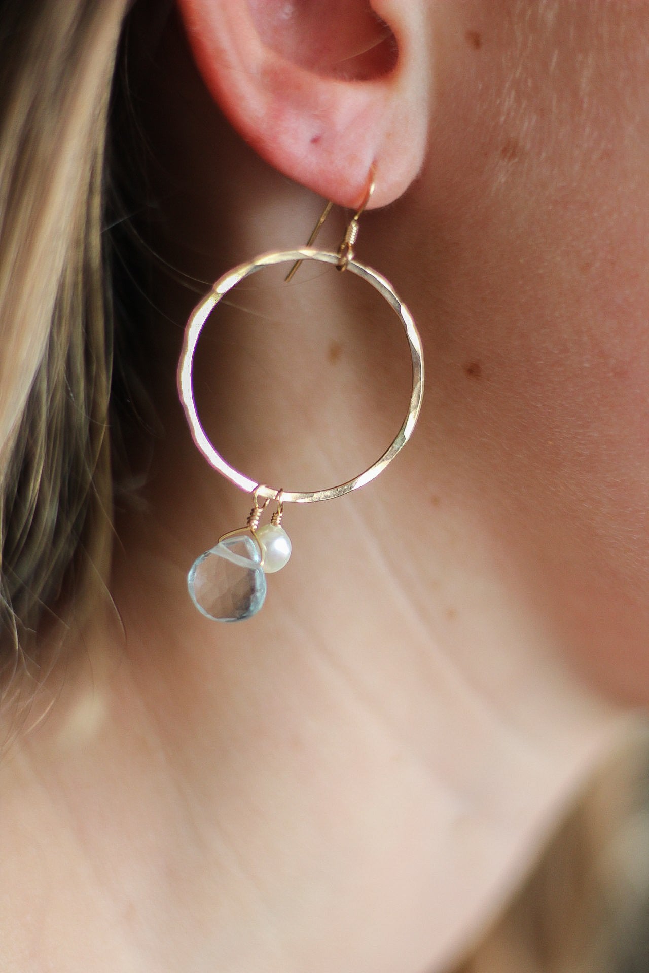 Aquamarine and Freshwater Pearl Hoop Earrings