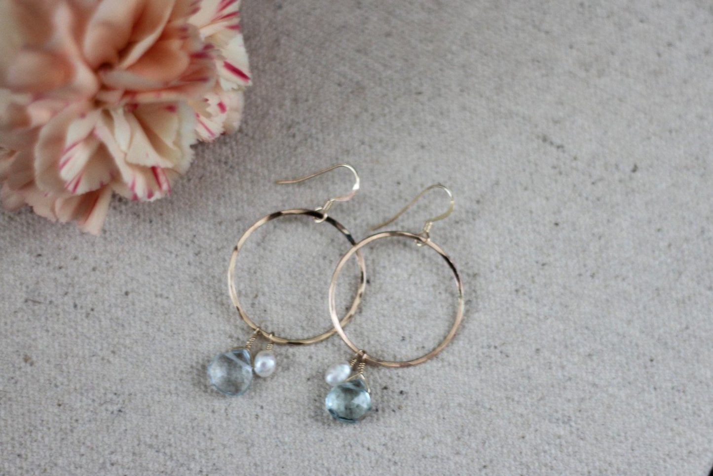 Aquamarine and Freshwater Pearl Hoop Earrings