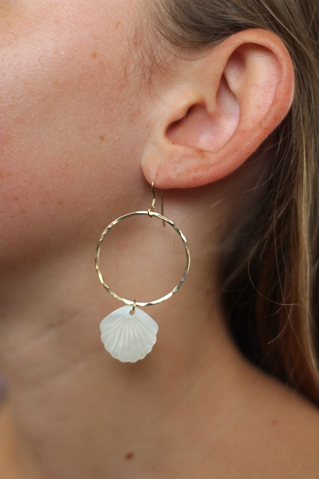 Seashell Mother of Pearl Hoop Dangle Earrings