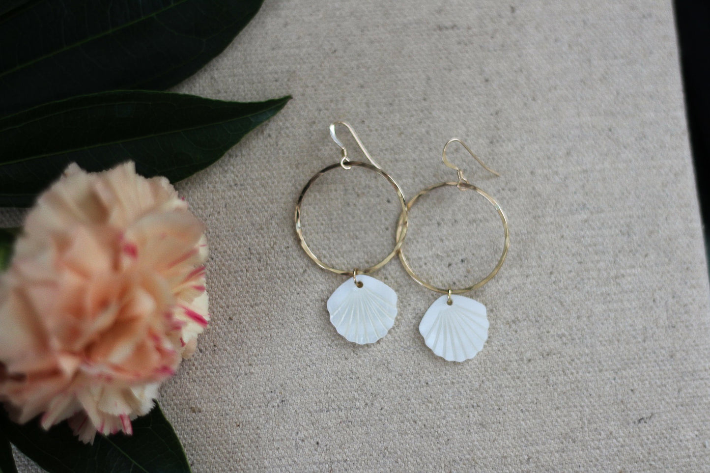 Seashell Mother of Pearl Hoop Dangle Earrings