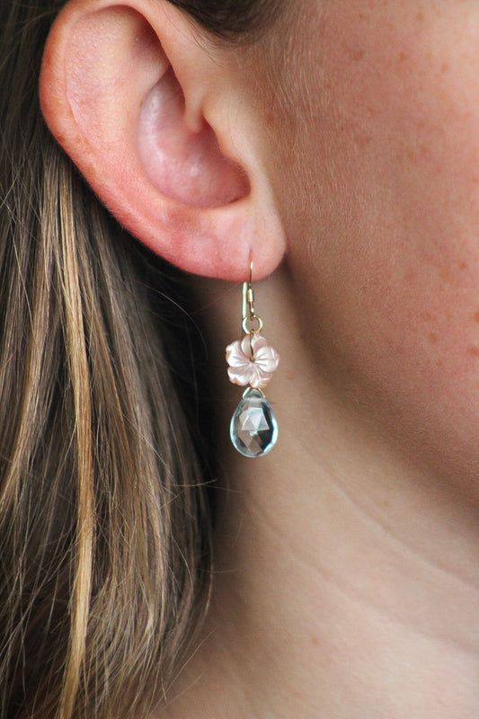 Aquamarine & Pink Hibiscus Dangle Earrings