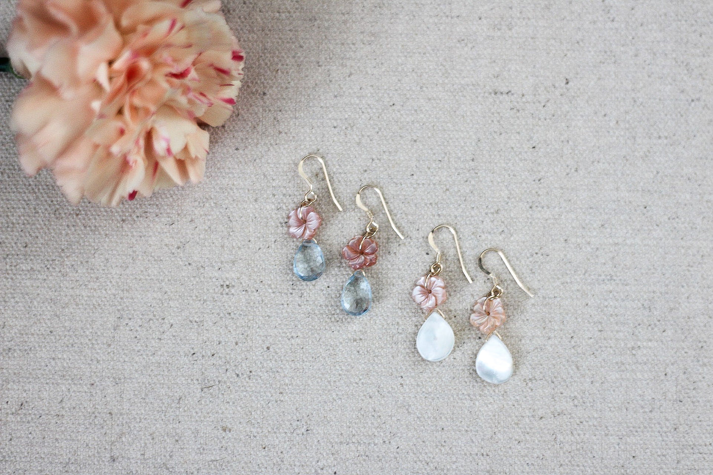 Aquamarine & Pink Hibiscus Dangle Earrings